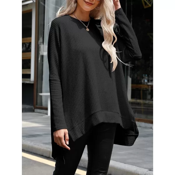 imageANRABESS Womens Sweater Oversized Turtleneck Long Batwing Sleeve Waffle Knit Casual Loose Split Hem Tunic Pullover TopsBlack
