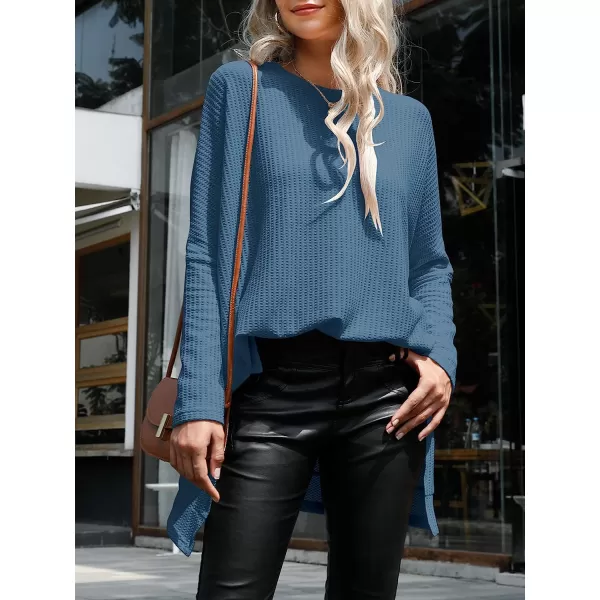 imageANRABESS Womens Sweater Oversized Turtleneck Long Batwing Sleeve Waffle Knit Casual Loose Split Hem Tunic Pullover TopsBlue