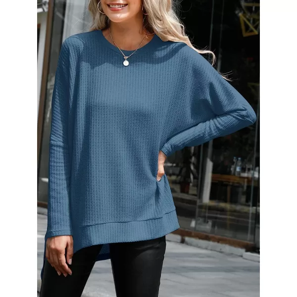 imageANRABESS Womens Sweater Oversized Turtleneck Long Batwing Sleeve Waffle Knit Casual Loose Split Hem Tunic Pullover TopsBlue