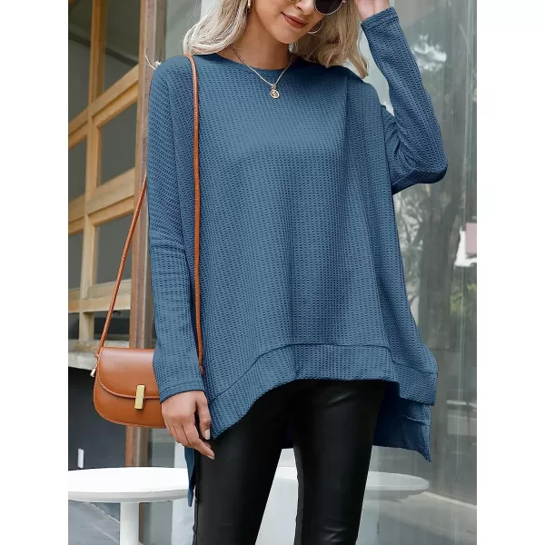 imageANRABESS Womens Sweater Oversized Turtleneck Long Batwing Sleeve Waffle Knit Casual Loose Split Hem Tunic Pullover TopsBlue