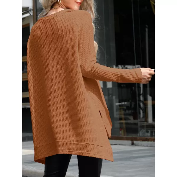 imageANRABESS Womens Sweater Oversized Turtleneck Long Batwing Sleeve Waffle Knit Casual Loose Split Hem Tunic Pullover TopsCaramel