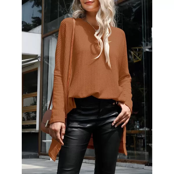 imageANRABESS Womens Sweater Oversized Turtleneck Long Batwing Sleeve Waffle Knit Casual Loose Split Hem Tunic Pullover TopsCaramel