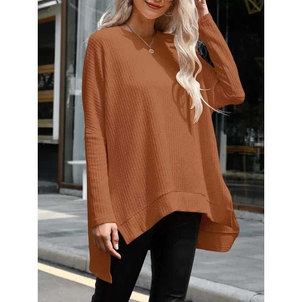 imageANRABESS Womens Sweater Oversized Turtleneck Long Batwing Sleeve Waffle Knit Casual Loose Split Hem Tunic Pullover TopsCaramel