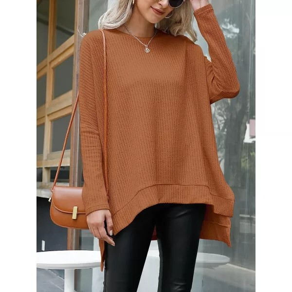 imageANRABESS Womens Sweater Oversized Turtleneck Long Batwing Sleeve Waffle Knit Casual Loose Split Hem Tunic Pullover TopsCaramel