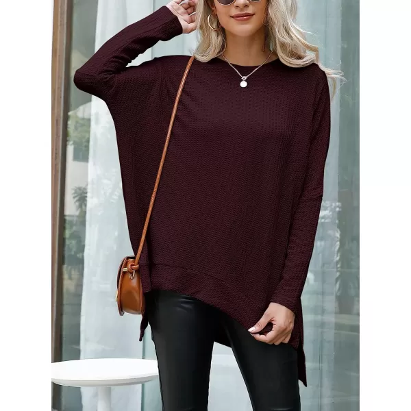 imageANRABESS Womens Sweater Oversized Turtleneck Long Batwing Sleeve Waffle Knit Casual Loose Split Hem Tunic Pullover TopsMaroon