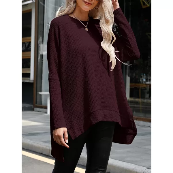 imageANRABESS Womens Sweater Oversized Turtleneck Long Batwing Sleeve Waffle Knit Casual Loose Split Hem Tunic Pullover TopsMaroon