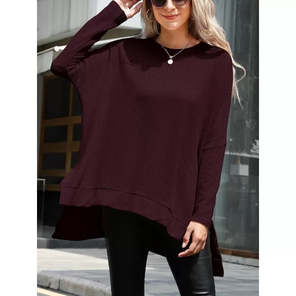imageANRABESS Womens Sweater Oversized Turtleneck Long Batwing Sleeve Waffle Knit Casual Loose Split Hem Tunic Pullover TopsMaroon