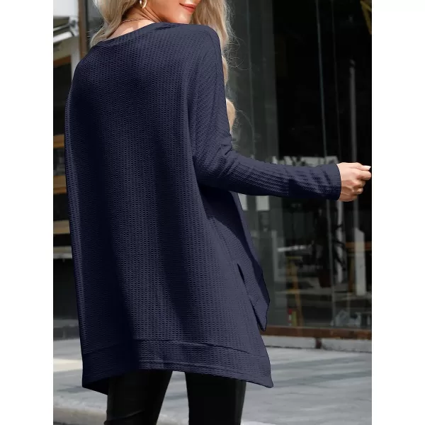imageANRABESS Womens Sweater Oversized Turtleneck Long Batwing Sleeve Waffle Knit Casual Loose Split Hem Tunic Pullover TopsNavy Blue