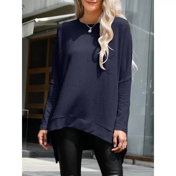 imageANRABESS Womens Sweater Oversized Turtleneck Long Batwing Sleeve Waffle Knit Casual Loose Split Hem Tunic Pullover TopsNavy Blue