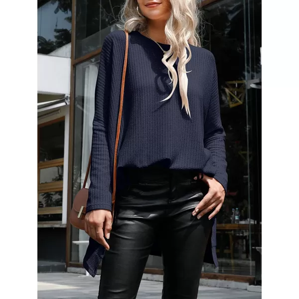 imageANRABESS Womens Sweater Oversized Turtleneck Long Batwing Sleeve Waffle Knit Casual Loose Split Hem Tunic Pullover TopsNavy Blue