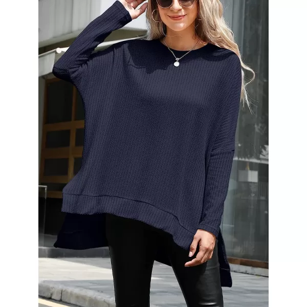 imageANRABESS Womens Sweater Oversized Turtleneck Long Batwing Sleeve Waffle Knit Casual Loose Split Hem Tunic Pullover TopsNavy Blue