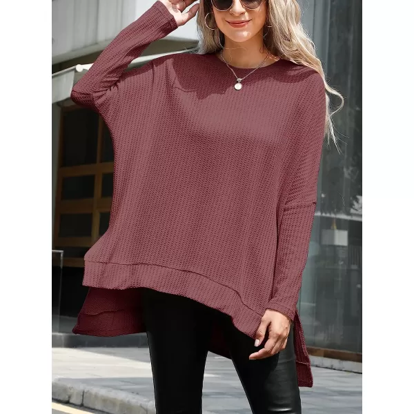 imageANRABESS Womens Sweater Oversized Turtleneck Long Batwing Sleeve Waffle Knit Casual Loose Split Hem Tunic Pullover TopsRust