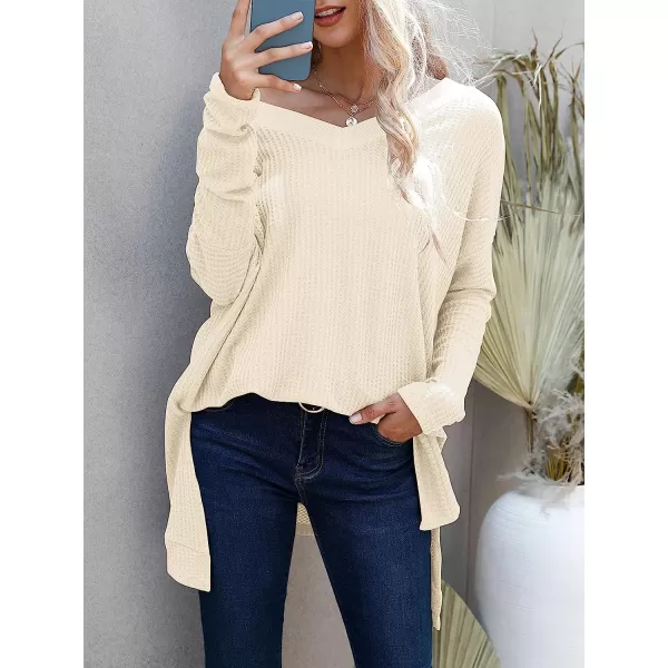 imageANRABESS Womens Sweater Oversized Turtleneck Long Batwing Sleeve Waffle Knit Casual Loose Split Hem Tunic Pullover TopsVneck Apricot
