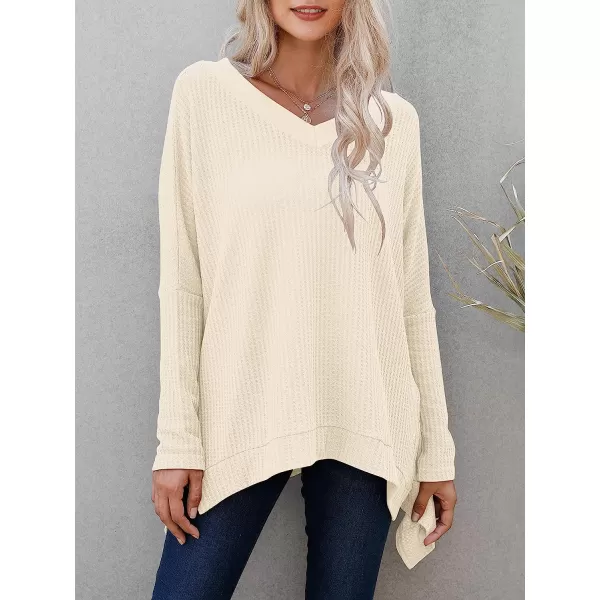 imageANRABESS Womens Sweater Oversized Turtleneck Long Batwing Sleeve Waffle Knit Casual Loose Split Hem Tunic Pullover TopsVneck Apricot