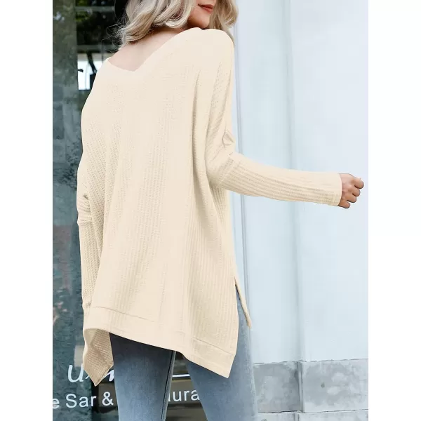 imageANRABESS Womens Sweater Oversized Turtleneck Long Batwing Sleeve Waffle Knit Casual Loose Split Hem Tunic Pullover TopsVneck Apricot