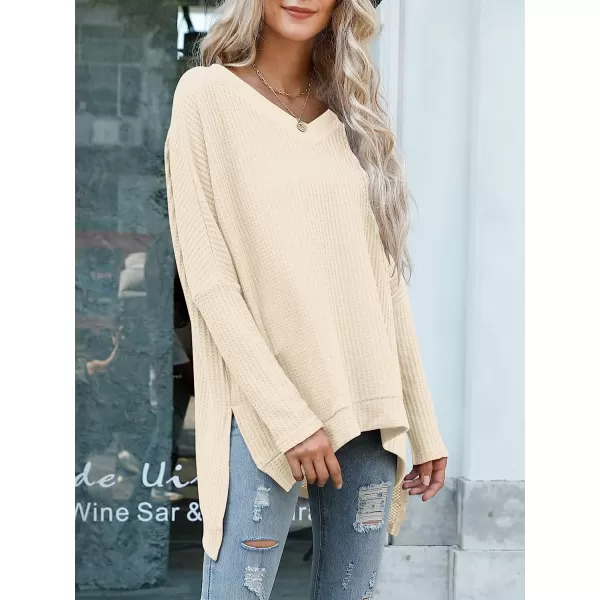 imageANRABESS Womens Sweater Oversized Turtleneck Long Batwing Sleeve Waffle Knit Casual Loose Split Hem Tunic Pullover TopsVneck Apricot