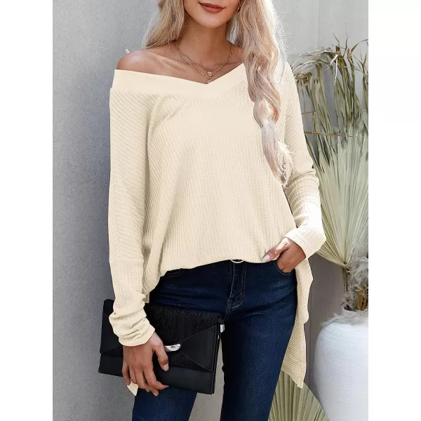 imageANRABESS Womens Sweater Oversized Turtleneck Long Batwing Sleeve Waffle Knit Casual Loose Split Hem Tunic Pullover TopsVneck Apricot
