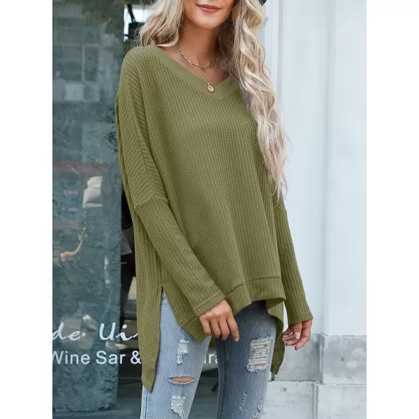 imageANRABESS Womens Sweater Oversized Turtleneck Long Batwing Sleeve Waffle Knit Casual Loose Split Hem Tunic Pullover TopsVneck Army Green