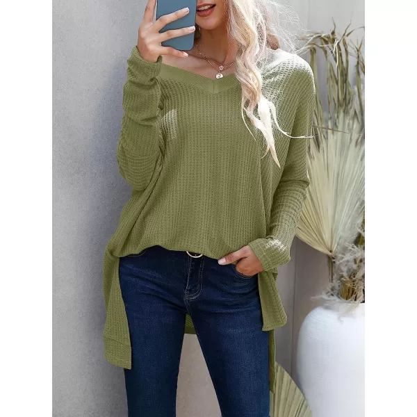 imageANRABESS Womens Sweater Oversized Turtleneck Long Batwing Sleeve Waffle Knit Casual Loose Split Hem Tunic Pullover TopsVneck Army Green