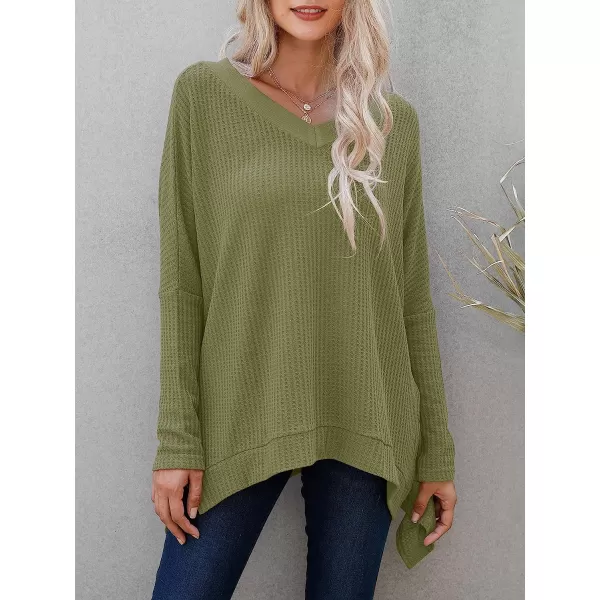 imageANRABESS Womens Sweater Oversized Turtleneck Long Batwing Sleeve Waffle Knit Casual Loose Split Hem Tunic Pullover TopsVneck Army Green