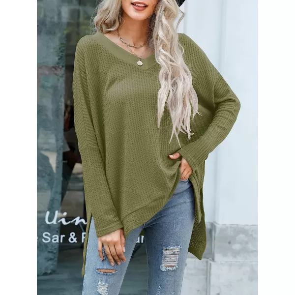 imageANRABESS Womens Sweater Oversized Turtleneck Long Batwing Sleeve Waffle Knit Casual Loose Split Hem Tunic Pullover TopsVneck Army Green