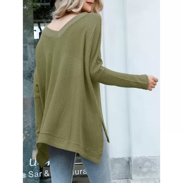 imageANRABESS Womens Sweater Oversized Turtleneck Long Batwing Sleeve Waffle Knit Casual Loose Split Hem Tunic Pullover TopsVneck Army Green