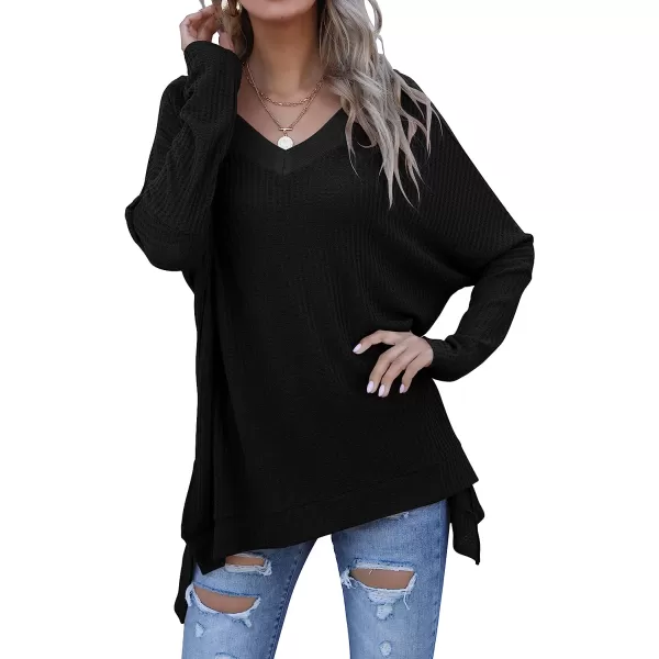 imageANRABESS Womens Sweater Oversized Turtleneck Long Batwing Sleeve Waffle Knit Casual Loose Split Hem Tunic Pullover TopsVneck Black