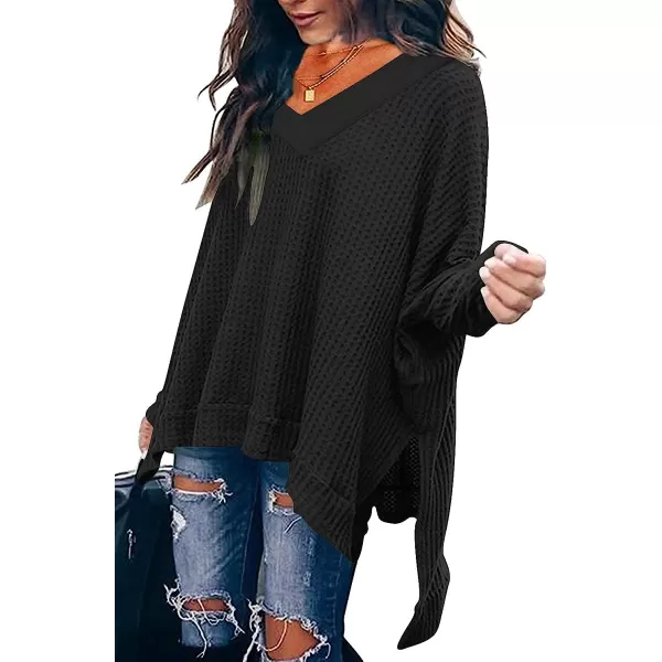 imageANRABESS Womens Sweater Oversized Turtleneck Long Batwing Sleeve Waffle Knit Casual Loose Split Hem Tunic Pullover TopsVneck Black