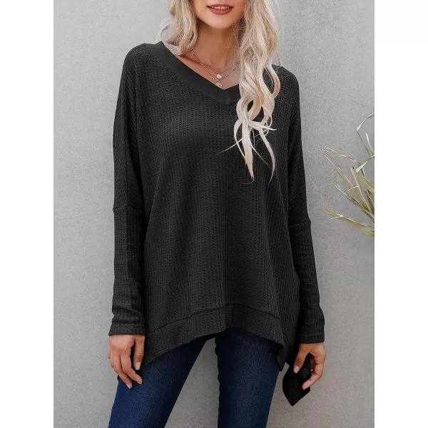 imageANRABESS Womens Sweater Oversized Turtleneck Long Batwing Sleeve Waffle Knit Casual Loose Split Hem Tunic Pullover TopsVneck Black