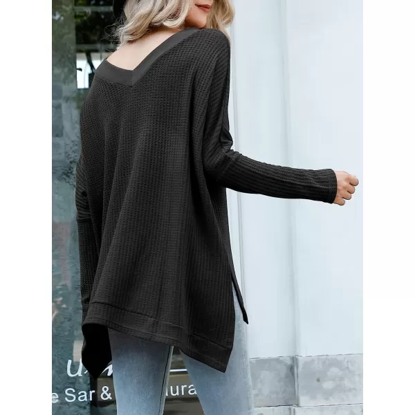 imageANRABESS Womens Sweater Oversized Turtleneck Long Batwing Sleeve Waffle Knit Casual Loose Split Hem Tunic Pullover TopsVneck Black