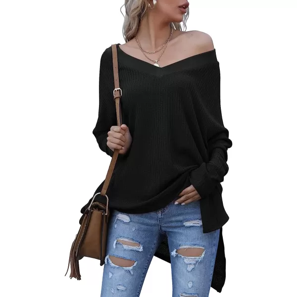 imageANRABESS Womens Sweater Oversized Turtleneck Long Batwing Sleeve Waffle Knit Casual Loose Split Hem Tunic Pullover TopsVneck Black