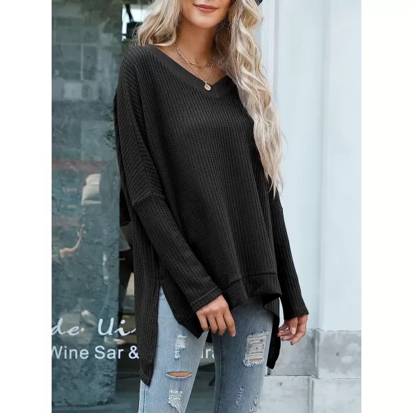 imageANRABESS Womens Sweater Oversized Turtleneck Long Batwing Sleeve Waffle Knit Casual Loose Split Hem Tunic Pullover TopsVneck Black