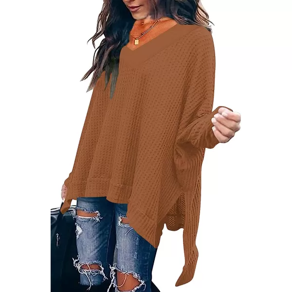 imageANRABESS Womens Sweater Oversized Turtleneck Long Batwing Sleeve Waffle Knit Casual Loose Split Hem Tunic Pullover TopsVneck Caramel