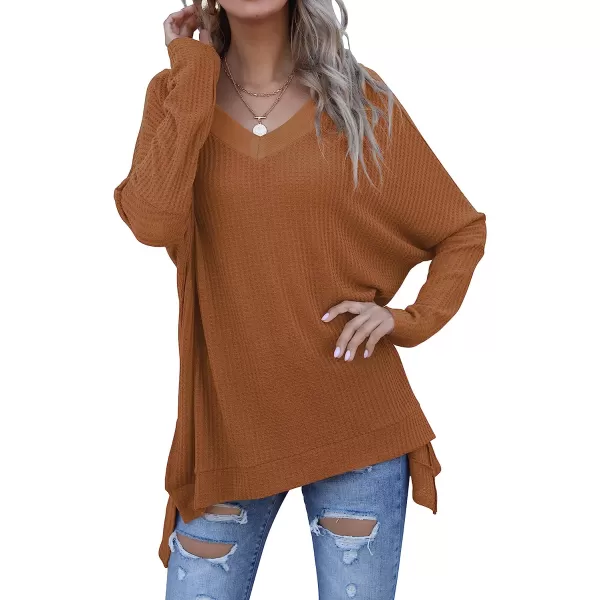 imageANRABESS Womens Sweater Oversized Turtleneck Long Batwing Sleeve Waffle Knit Casual Loose Split Hem Tunic Pullover TopsVneck Caramel