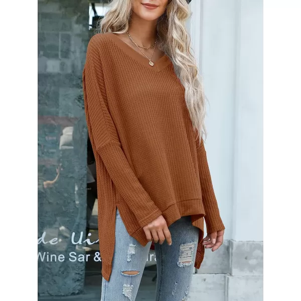 imageANRABESS Womens Sweater Oversized Turtleneck Long Batwing Sleeve Waffle Knit Casual Loose Split Hem Tunic Pullover TopsVneck Caramel