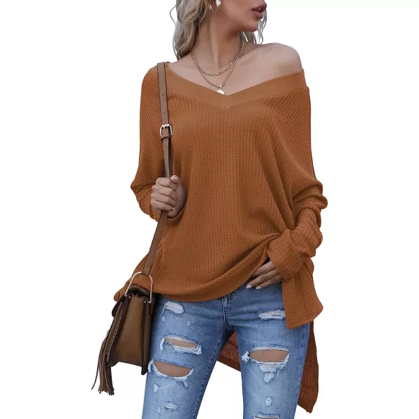 imageANRABESS Womens Sweater Oversized Turtleneck Long Batwing Sleeve Waffle Knit Casual Loose Split Hem Tunic Pullover TopsVneck Caramel