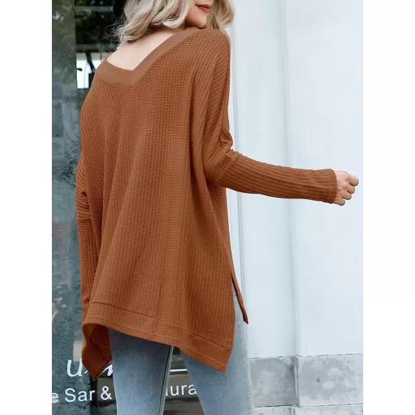 imageANRABESS Womens Sweater Oversized Turtleneck Long Batwing Sleeve Waffle Knit Casual Loose Split Hem Tunic Pullover TopsVneck Caramel