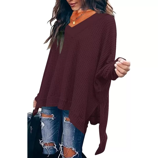 imageANRABESS Womens Sweater Oversized Turtleneck Long Batwing Sleeve Waffle Knit Casual Loose Split Hem Tunic Pullover TopsVneck Maroon