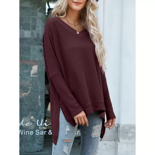 imageANRABESS Womens Sweater Oversized Turtleneck Long Batwing Sleeve Waffle Knit Casual Loose Split Hem Tunic Pullover TopsVneck Maroon