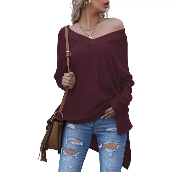imageANRABESS Womens Sweater Oversized Turtleneck Long Batwing Sleeve Waffle Knit Casual Loose Split Hem Tunic Pullover TopsVneck Maroon