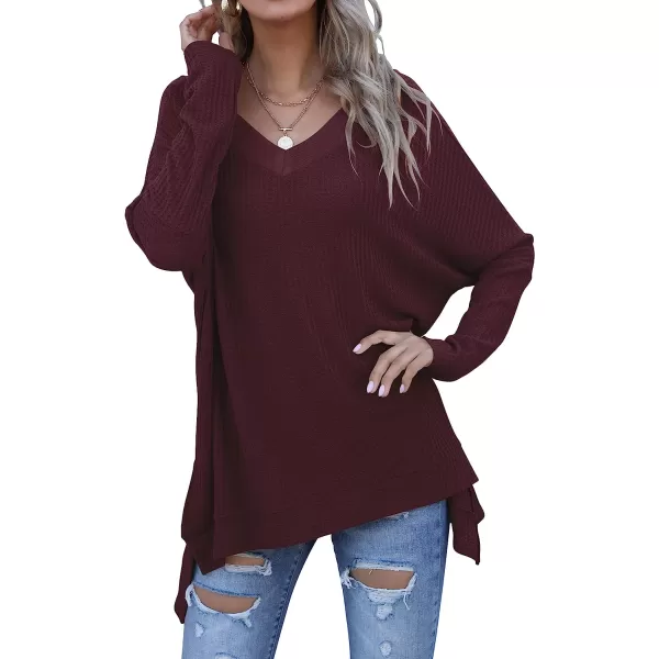imageANRABESS Womens Sweater Oversized Turtleneck Long Batwing Sleeve Waffle Knit Casual Loose Split Hem Tunic Pullover TopsVneck Maroon