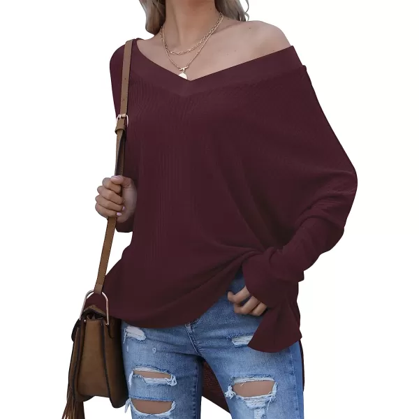 imageANRABESS Womens Sweater Oversized Turtleneck Long Batwing Sleeve Waffle Knit Casual Loose Split Hem Tunic Pullover TopsVneck Maroon