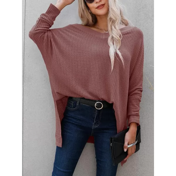 imageANRABESS Womens Sweater Oversized Turtleneck Long Batwing Sleeve Waffle Knit Casual Loose Split Hem Tunic Pullover TopsVneck Rust