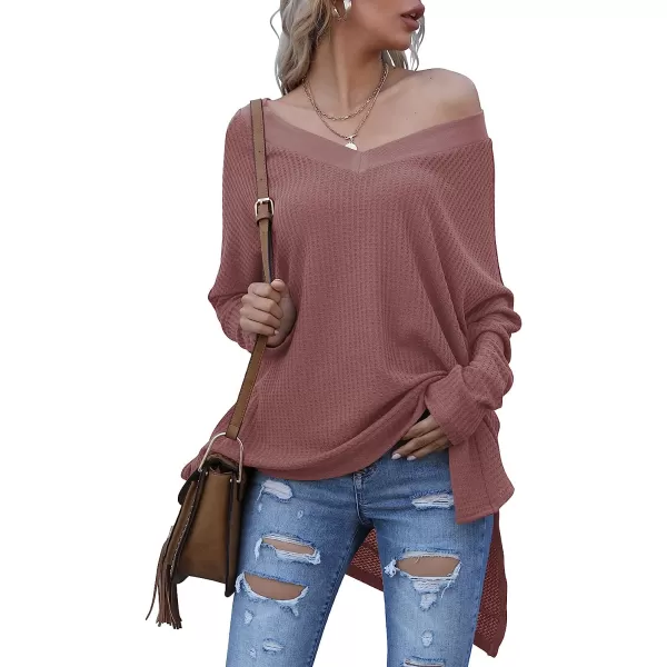 imageANRABESS Womens Sweater Oversized Turtleneck Long Batwing Sleeve Waffle Knit Casual Loose Split Hem Tunic Pullover TopsVneck Rust