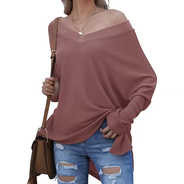 imageANRABESS Womens Sweater Oversized Turtleneck Long Batwing Sleeve Waffle Knit Casual Loose Split Hem Tunic Pullover TopsVneck Rust