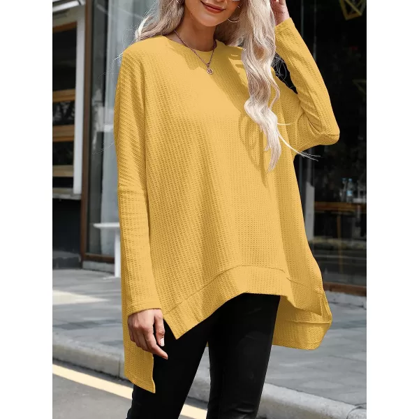 imageANRABESS Womens Sweater Oversized Turtleneck Long Batwing Sleeve Waffle Knit Casual Loose Split Hem Tunic Pullover TopsYellow