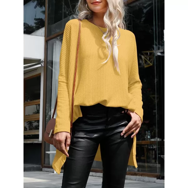 imageANRABESS Womens Sweater Oversized Turtleneck Long Batwing Sleeve Waffle Knit Casual Loose Split Hem Tunic Pullover TopsYellow