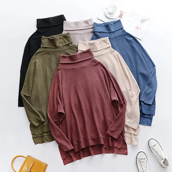 imageANRABESS Womens Sweater Oversized Turtleneck Long Batwing Sleeve Waffle Knit Split Hem Tunic Pullover TopsApricot Pink