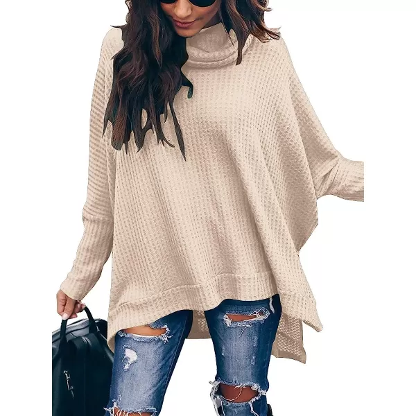 imageANRABESS Womens Sweater Oversized Turtleneck Long Batwing Sleeve Waffle Knit Split Hem Tunic Pullover TopsApricot Pink