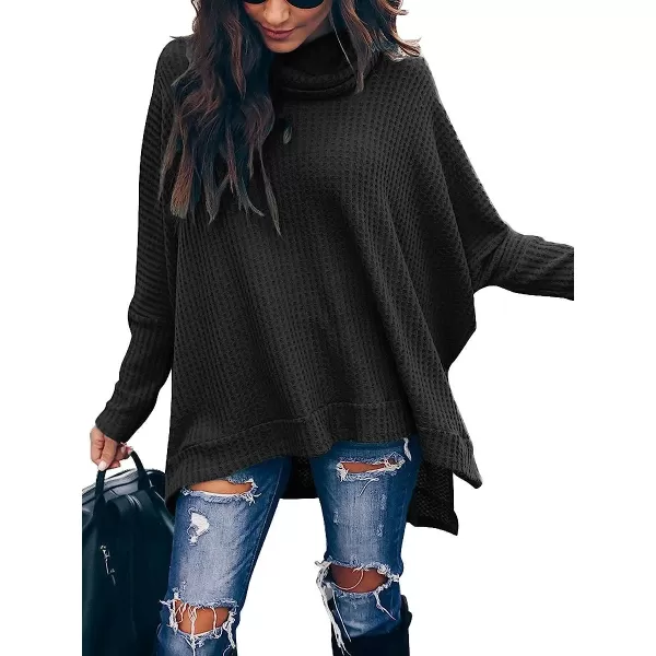 imageANRABESS Womens Sweater Oversized Turtleneck Long Batwing Sleeve Waffle Knit Split Hem Tunic Pullover TopsBlack